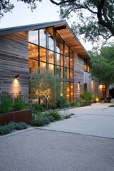 Modern wooden house with large windows and outdoor garden at dusk, showcasing contemporary architecture and peaceful surroundings