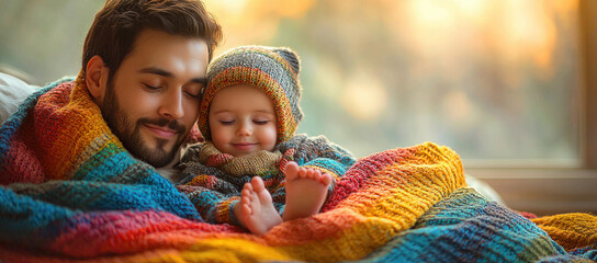Obraz premium Father and baby snuggle under a colorful blanket near a window.
