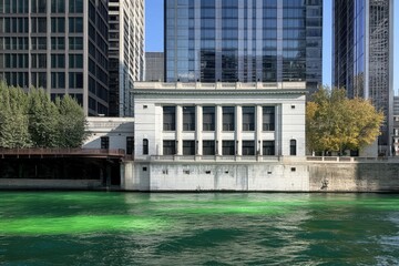 Naklejka premium In the heart of Chicago during mid-autumn, the vibrant green waters beautifully contrast with the stunning city architecture lining the riverbanks