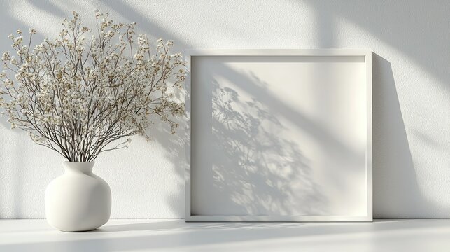 White frame, vase, dried flowers on table, window shadows, wall mockup - Powered by Adobe