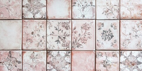 Vintage Floral Ceramic Tiles in Soft Pink Tones – Perfect for Kitchen and Bathroom Walls with Elegant Ornate Patterns and Timeless Texture