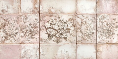 Naklejka premium Close-Up of Vintage Pink Ceramic Tiles with Floral Patterns - Ideal for Kitchen and Bathroom Interiors