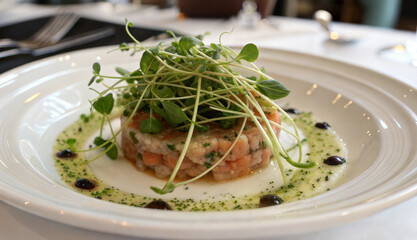 Salmon tartare with microgreens and herb sauce