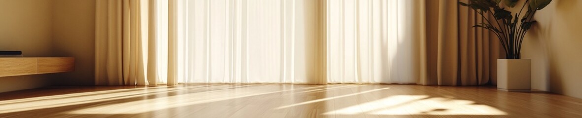 Minimalist Modern Living Room with Warm Wooden Floors, Soft Beige Walls, and Sunlit Sheer Curtains &ndash; The Perfect Calm and Inviting interior Aesthetic