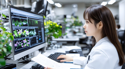 Female financial analyst working in a corporate office, monitoring stock market trends on multiple screens, UHD 4K Image.	