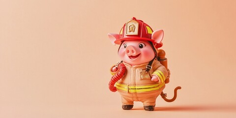 Fototapeta premium Adorable Pink Piggy Firefighter: Cute Pig Wearing Red Helmet Holding Mini Fire Hose on Peach Background, Fun and Unique Stock Photo for Creative Projects