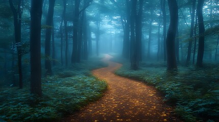 Fototapeta premium Misty forest path winding through trees, autumn leaves, background blur, nature scene