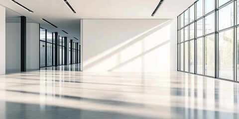 Obraz premium Modern Empty Office Interior with Floor-to-Ceiling Windows and Sleek Terrazzo Floor in Bright Sunlight