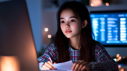 Young girl in plaid shirt working late at night on financial analysis with stock market charts on a computer screen, UHD 4K Image.