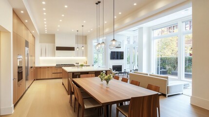 Modern Kitchen and Dining Room with Warm Walnut Table, Light Beige Cabinets, and Bright White Walls &ndash; A Clean, Inviting Space with Elegant Lighting for Contemporary Living