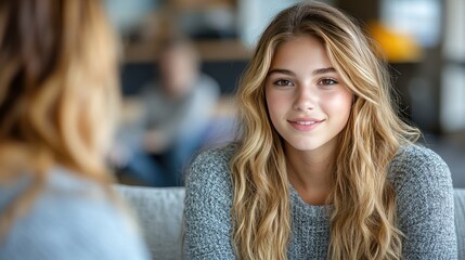 Obraz premium Smiling Young Woman with Long Hair Relaxing in Casual Sweater Indoors