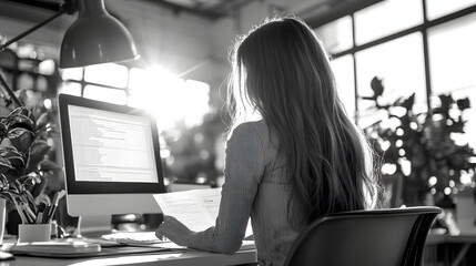Black and white image of a woman working on financial analysis at a corporate office, reviewing documents on a laptop, UHD 4K Image.	