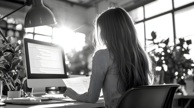 Black and white image of a woman working on financial analysis at a corporate office, reviewing documents on a laptop, UHD 4K Image.	