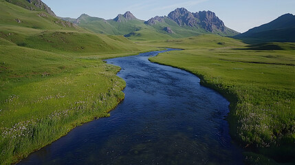 Winding river through green valley, mountains backdrop, serene landscape, travel poster