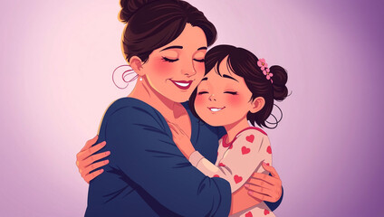 Obraz premium Mother hugging daughter, cartoon style illustration.