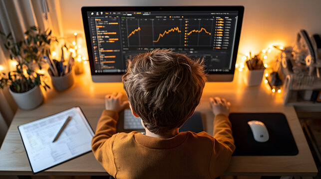 Stock market analyst reviewing financial graphs on a large monitor in a modern home office, UHD 4K Image	 - Powered by Adobe