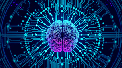 Stylized human brain with glowing connections to the radial Ai network.
