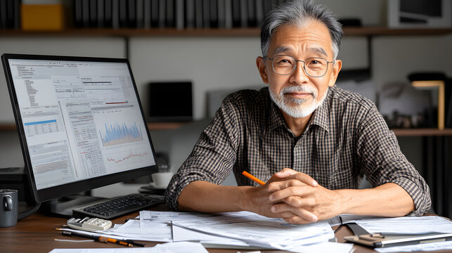 Elderly businessman analyzing financial trends in a modern office with documents and laptop, UHD 4K Image - Powered by Adobe