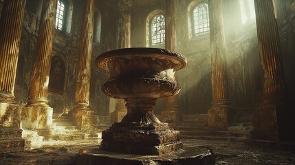 Ancient stone baptismal font in sunlit ruined church interior