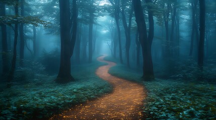Mystic forest path, fog, trees, autumn leaves, winding, nature, fantasy, magical, background, illustration