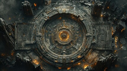 Fototapeta premium Ancient circular portal amid fiery ruins, aerial view, potential energy source