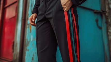 A man in black pants with red and green stripes.