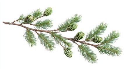 Obraz premium Green Pine Branch with Cones on White Background for Nature Lovers