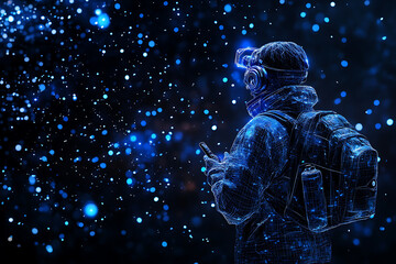 Fototapeta premium Glowing wireframe of an astronomer observing the night sky