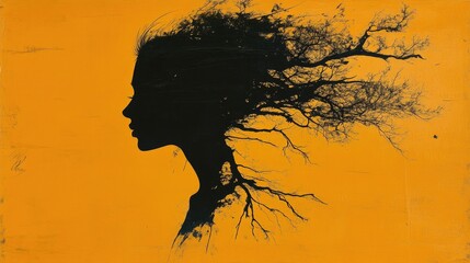 Surreal Artistic Silhouette of Woman with Tree Branches on Orange Background