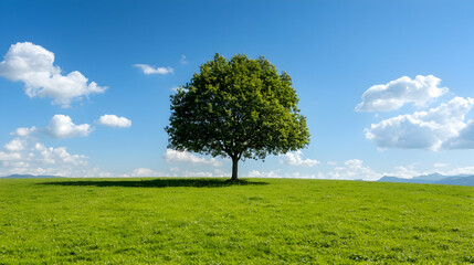 Lone tree on green hill, blue sky, clouds; nature serenity