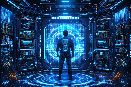 Glowing wireframe of an ethical hacker working on digital security