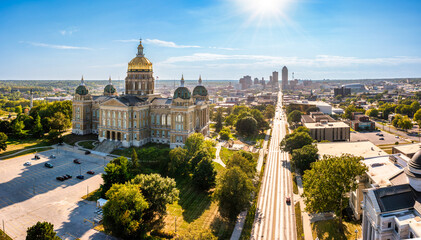 Iowa State Capitol and Des Moines skyline. The Iowa State Capitol houses the Senate, House of...