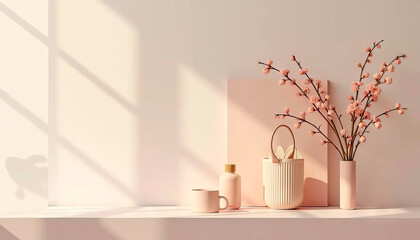 Interior mockup with spring flowers in vase, perfume bottle and cup on white wall background