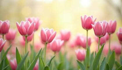 Pink tulips in the garden. Spring flowers. Nature background.