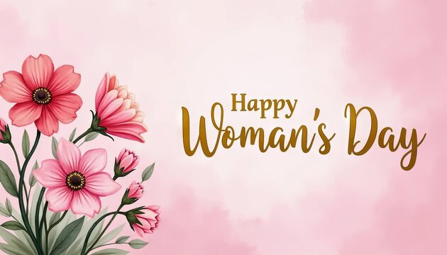 Happy Women's Day lettering on greeting card with pink flowers. Watercolor illustration.