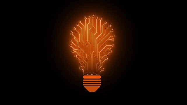 Bulb circuit animation by orange color neon on black background. Glowing light bulb on dark background with vibrant neon light effect,