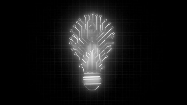 Bulb circuit animation by White color neon on black background. Glowing light bulb on dark background with vibrant neon light effect,