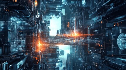 Futuristic Cityscape with Vibrant Lights and Abstract Elements