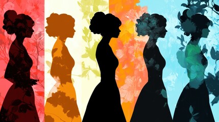A series of five female figures in different colored dresses, set against a floral background.