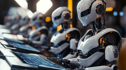 Fototapeta premium Futuristic Robots Working on Advanced Technology in a Modern Lab