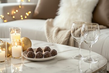 Side view of marble coffee table with crystal glasses, chocolate truffles, burning candles, and gold accents