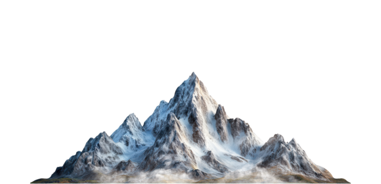 Majestic Snow-Capped Mountain Range with Misty Base, Isolated on Transparent and White Background