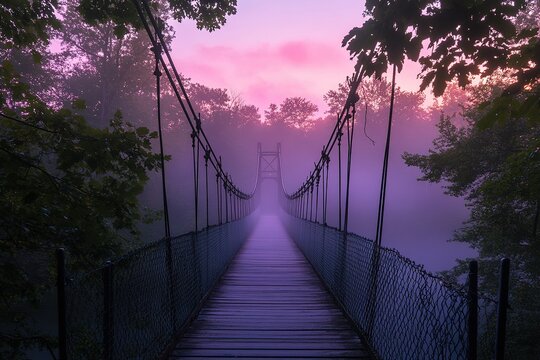 Misty suspension bridge under a pastel sunrise, flanked by trees, evokes a sense of mystery and serene promise of the waking day. - Powered by Adobe