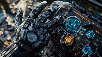 Fototapeta premium High-tech robotic hand interacts with futuristic control panel in advanced setting