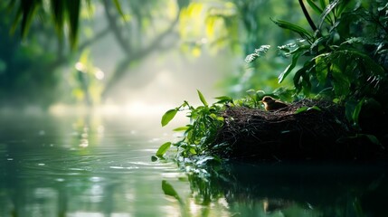 Tranquil Nest in Lush Greenery by Serene Water Reflection
