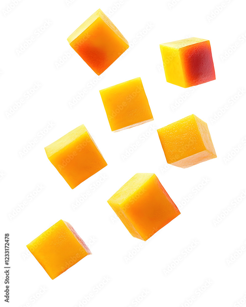 Poster falling mango cube isolated on white background, full depth of field