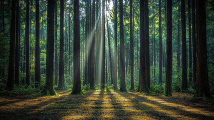 Fototapeta premium Lush tropical rainforest with towering trees, sunlight filtering through the dense canopy, casting intricate shadows on the forest floor, creating a peaceful atmosphere. 