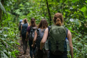 Group of friends hiking through a dense forest trail, with backpacks and water bottles in hand.