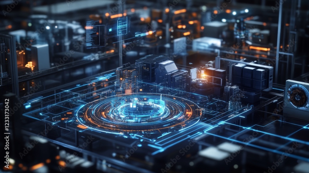 Wall mural futuristic data center with blue technology and circuit patterns