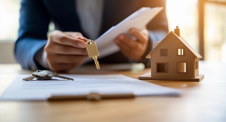 Close-up of a real estate agent holding house keys with contract documents and a wooden house model on a desk, symbolizing property sales and ownership